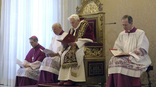 Pope Benedict XVI at a consistory at the Vatican today