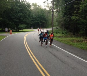Meb (orange) leads in mile 2 at B2B