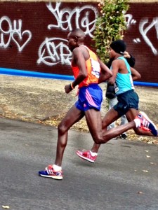 Mutai & Kebede, a couple of Bronx Bombers.  22 miles in 1:47:49, last two miles in 9:36