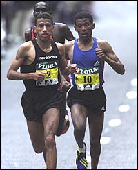 Khalid winning 2002 London Marathon versus Haile and Tergat in a world record 2:05:38