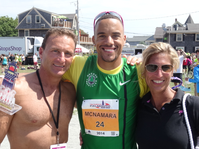 6th placer, miler Jordan McNamara (33:47), with host family Rick & Melissa Rizzitano of North Falmouth.  