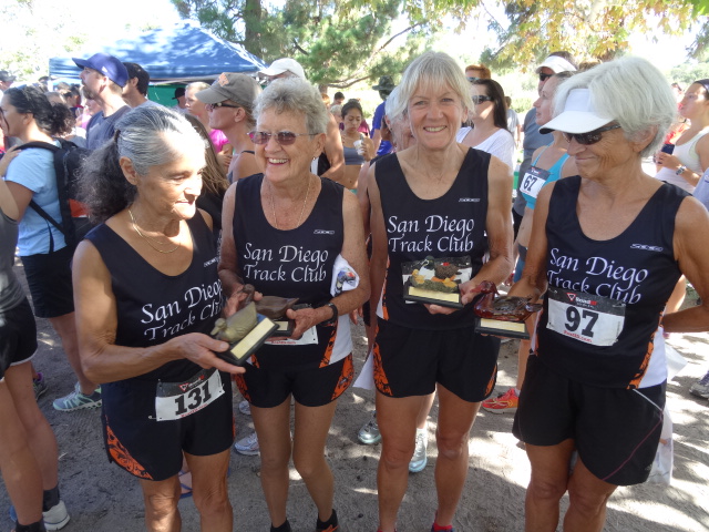 SDTC Age-Group Champs (l-r) Virginia Lopez, Chula Vista, Ca. 1st, 70+; Martha Walker, San Diego, 1st, 75+; Mary Ryzner, Escondido, 1st, 60-64; Manya Hullt, Carlsbad, 1st, 60-69