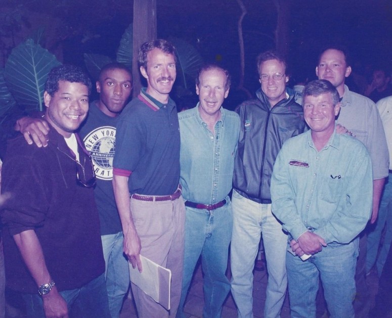Road Race of the Month crew: (l-r) Dale Wong, Alex Simon, Ed Eyestone, Guatemala President Alvaro Arzu, TR, Mike Long, Rich Jayne - Coban, Guatemala 1997
