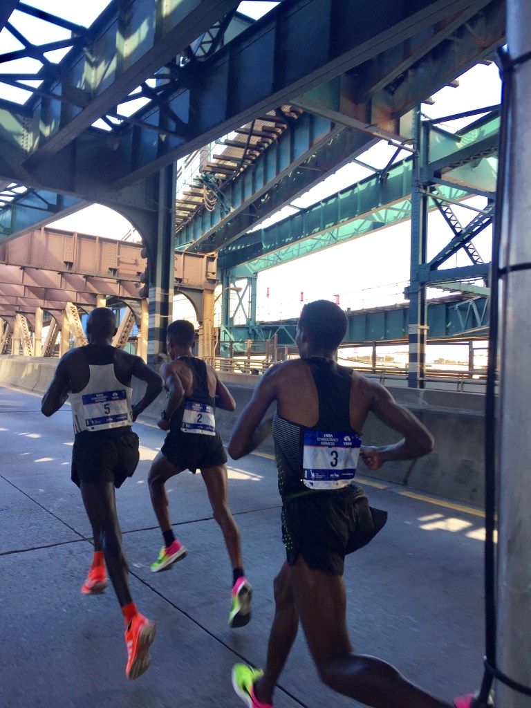 Crossing 59th Street Bridge going from Queens to Manhattan 25K in 1:15:54. 14:48 last 5K